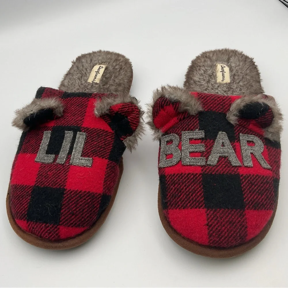 Dear Foams Slippers Youth 4-5 Womens 5.5 Buffalo Check Lil Bear Mule Flats Red